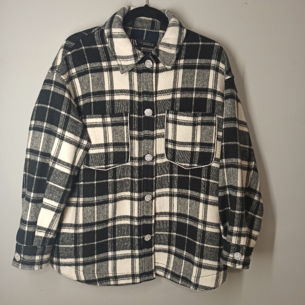 zara womens black and white check shirt with diamons buttons and trim Medium - Picture 1 of 15